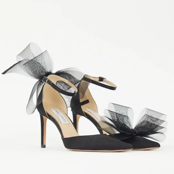 Jimmy Choo Averly 100 Black Mesh Bow Satin Pointed Toe Stiletto Heel Pumps - Picture 5 of 9